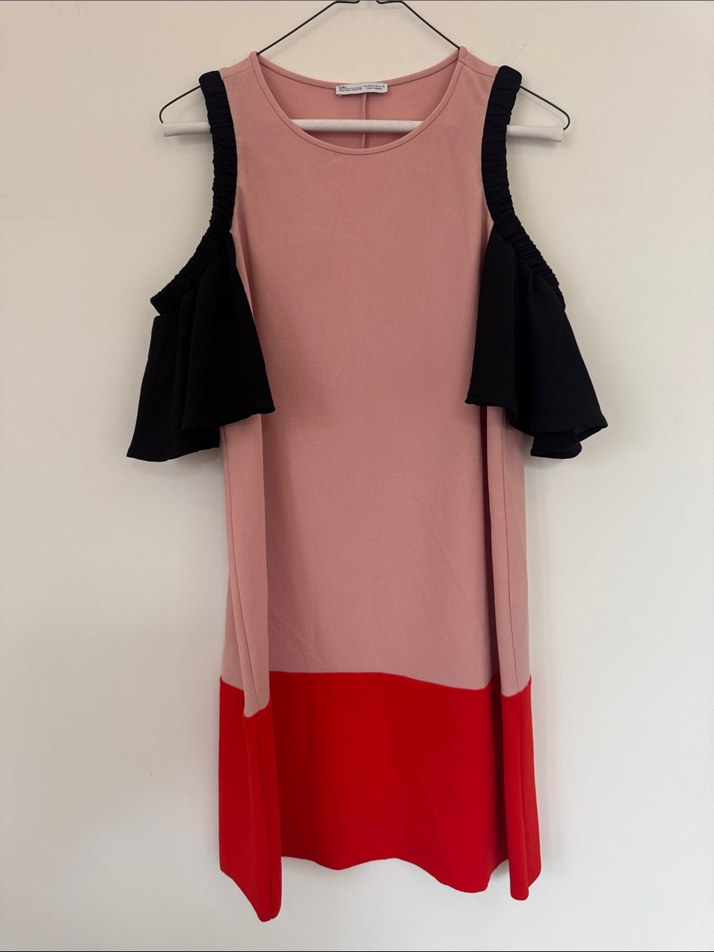 Zara Pink, Black & Red Cold-Shoulder Colorblock Mini Dress